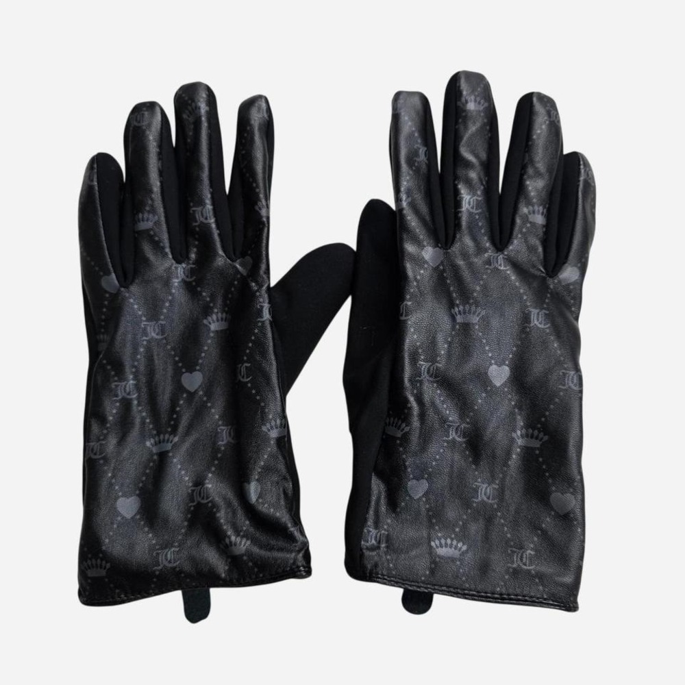 Juicy Couture Womens Black Monogram Crown Heart Faux Leather Gloves One Size